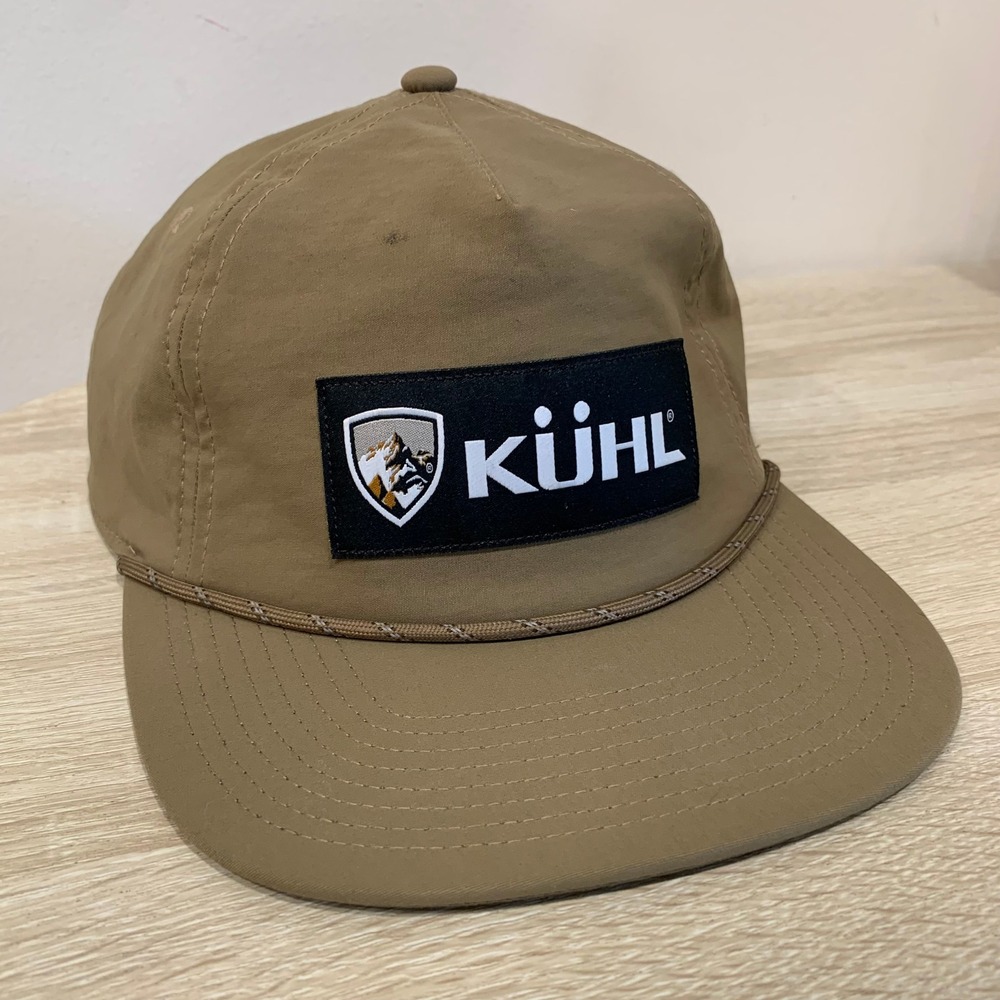 KUHL Logo Patch Rope Snapback Trucker Hat Mens Flat Brim Cap Khaki Tan